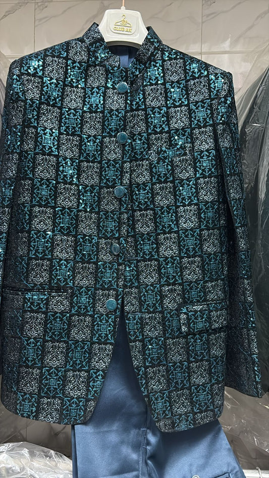 Jodhpuri Peacock Blue velvet Suits with Pant for Men for Wedding