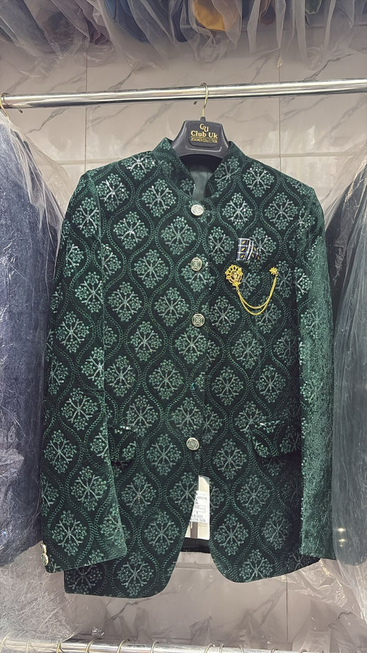 Men's Jodhpuri Velvet  Green Suit With Pant