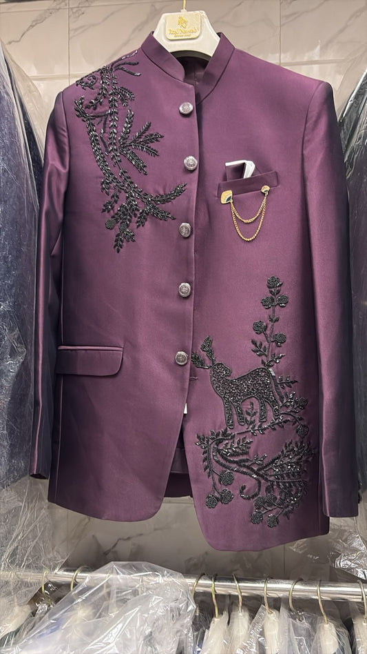 Men's Jodhpuri Purple Rayon  Suit With Pant