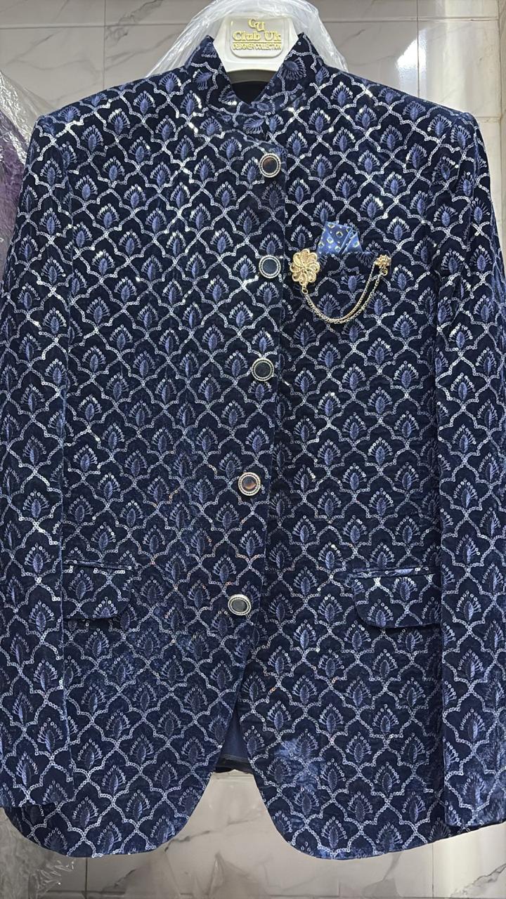 Jodhpuri Peacock Blue velvet Suits with Pant for Men for Wedding