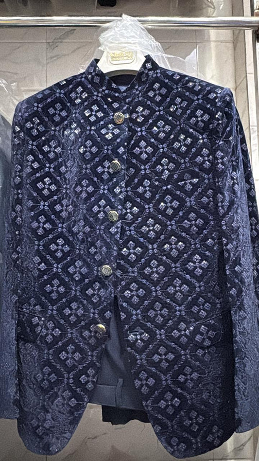 Dark blue velvet Jodhpuri suit detail view