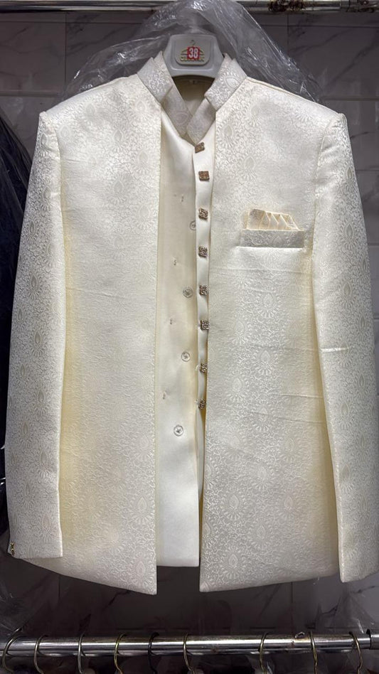 Cream White Terry Rayon Jodhpuri suit for men