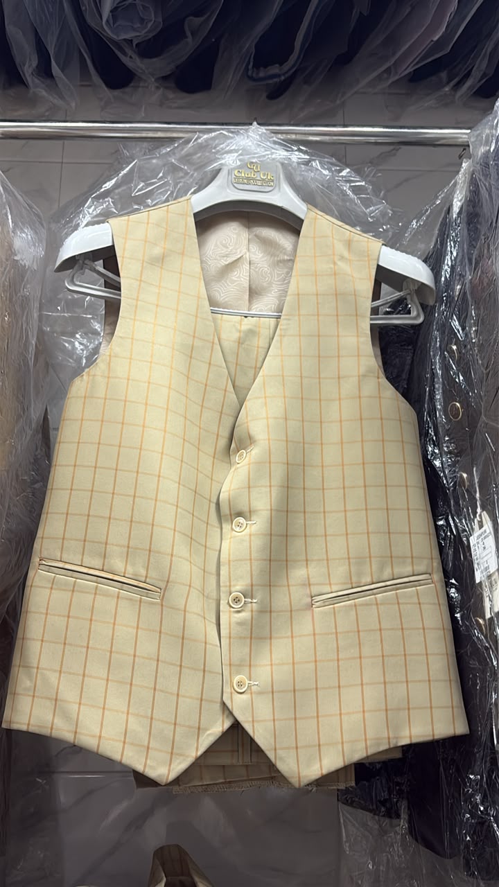 Men's Beige Checkered 3 Piece Suit | Premium Blazer, Waistcoat & Trouser Set for Wedding, Reception & Formal Wear