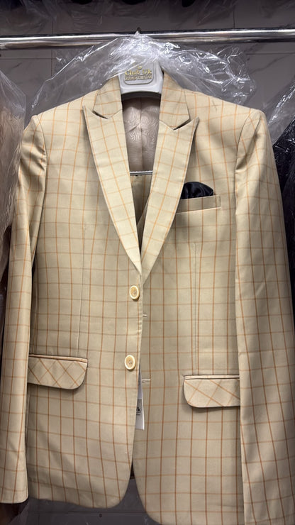 Men's Beige Checkered 3 Piece Suit | Premium Blazer, Waistcoat & Trouser Set for Wedding, Reception & Formal Wear