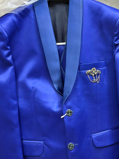 Club AK Men's Stylish Royal Blue Three Piece Suit for Men with Satin Lapel Blazer, Waistcoat and Formal Pants | Premium Wedding & Party Wear