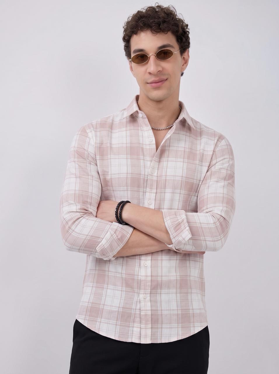 Men's pink checked cotton shirt