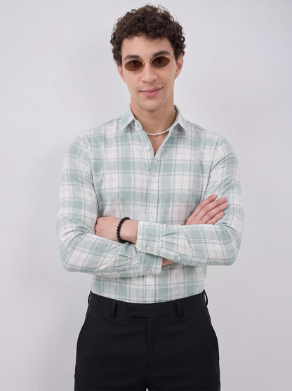 Men's light green checked cotton shirt