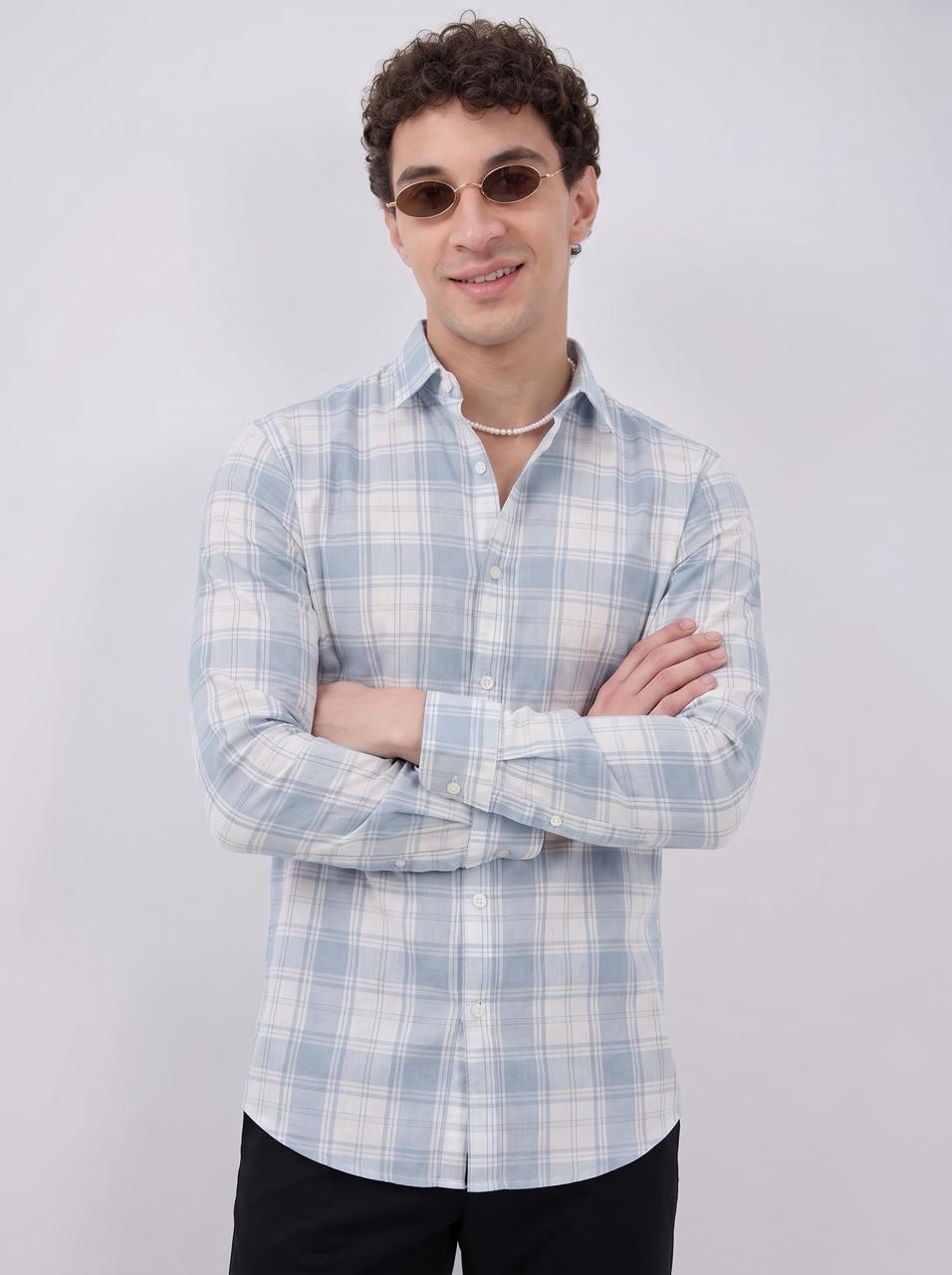 Men's light blue checked cotton shirt