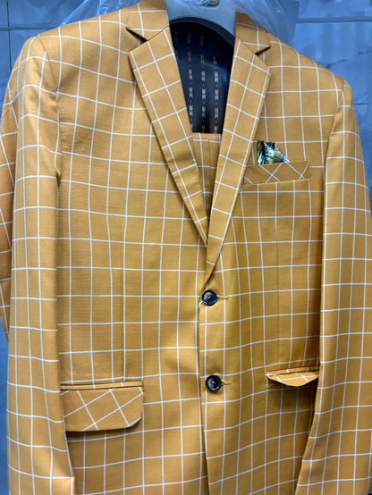 Club AK Men's Mustard Checkered 3 Piece Suit for Men | Premium Slim Fit Blazer, Double Breasted Waistcoat & Trouser Set