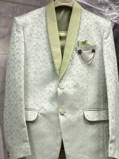 Club AK Men's Premium Mint Green Jacquard 3 Piece Tuxedo Suit for Men | Slim Fit Blazer, Double-Breasted Waistcoat and Trouser Set