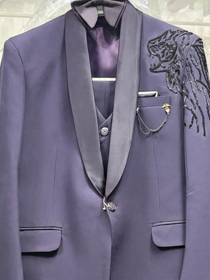 Club AK Men's Luxury Purple Embroidered 3 Piece Tuxedo Suit | Wedding & Reception Wear