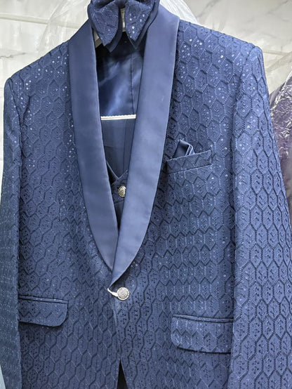 Club AK Men's Premium Navy Blue Sequin 3 Piece Suit | Luxury Wedding & Reception Wear