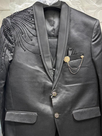 Club AK Men's Luxury Black Three Piece Tuxedo Suit with Embellished Shoulder Design