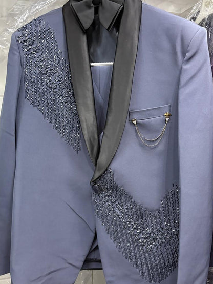 Club AK Men's Luxury Sky Blue Tuxedo Suit with Designer Embroidery and Satin Lapel