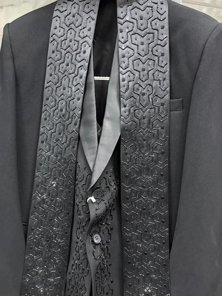 Club AK Men's Luxury Black Indo-Western Suit with Embellished Stole and Formal Trousers