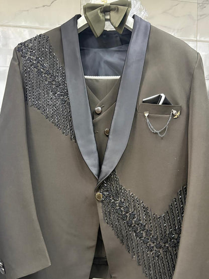 Club AK Olive Green Embroidered Tuxedo Suit for Men with Satin Shawl Lapel | Premium Wedding & Reception Wear