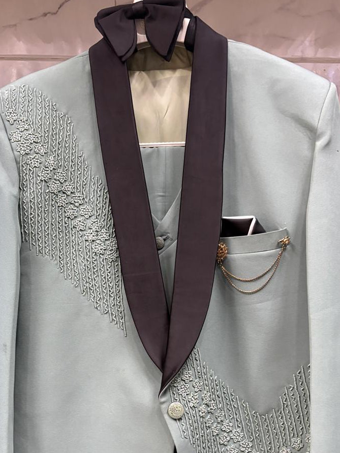 Club AK Ice Blue Embroidered Tuxedo Suit for Men with Black Satin Shawl Lapel | Luxury Party Wear