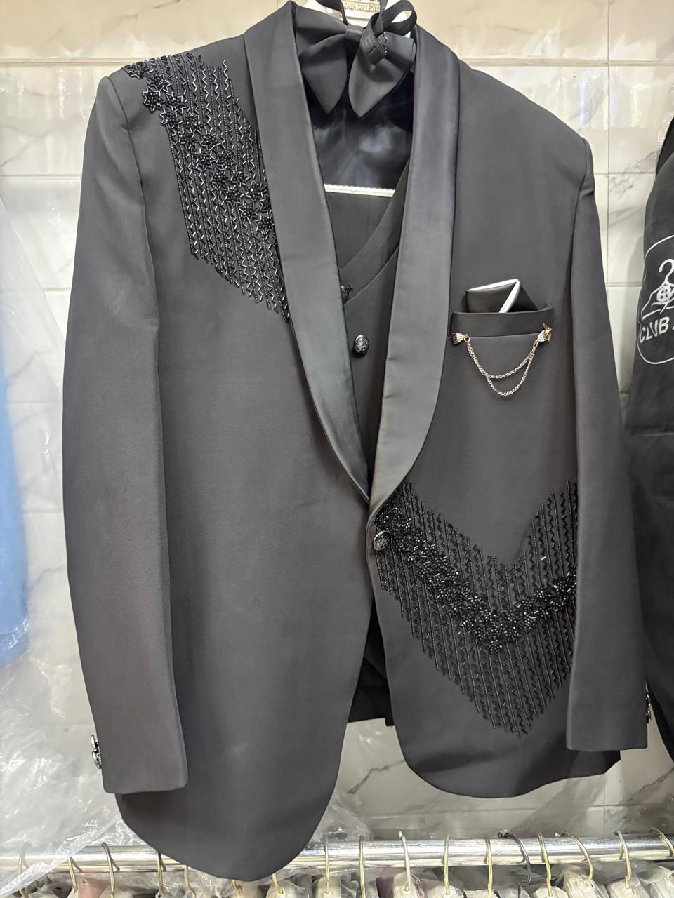 Club AK Jet Black Embroidered Tuxedo Suit for Men with Satin Shawl Lapel | Luxury Wedding & Evening Wear