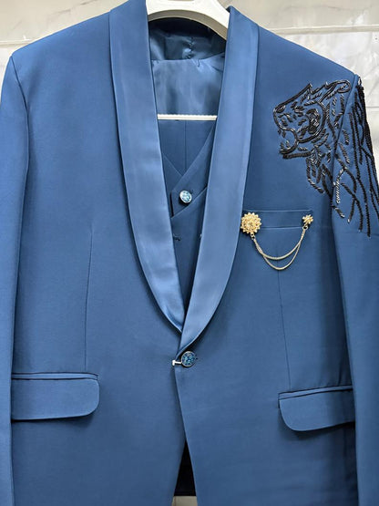 Club AK Men's Steel Blue Embroidered Tuxedo Suit with Satin Shawl Lapel | Luxury Wedding, Reception & Party Wear