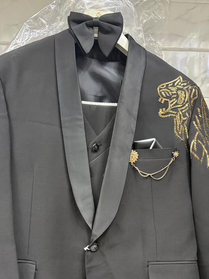 Club AK Men's Black Embroidered Tuxedo Suit with Gold Tiger Embroidery | Designer Luxury Wedding & Reception Wear