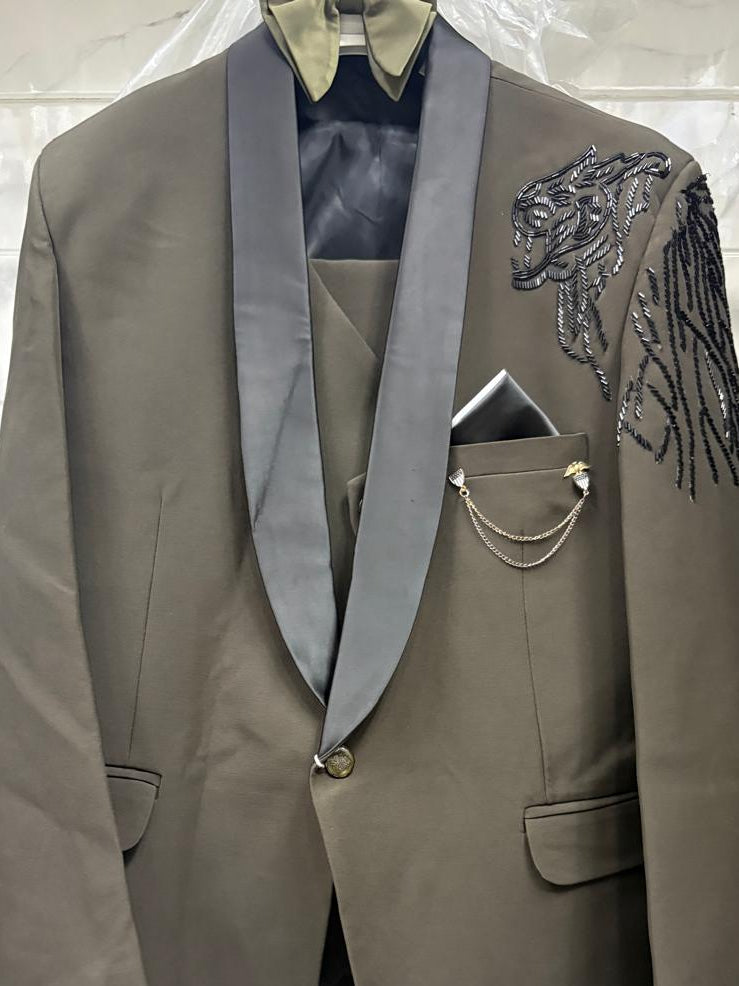 Club AK Men's Olive Grey Embroidered Tuxedo Suit with Satin Shawl Lapel | Premium Groom Wedding & Cocktail Suit