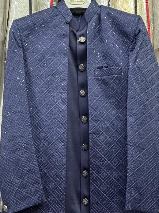 Club AK Men’s Premium Navy Blue Embroidered Indo Western Suit | Wedding & Reception Wear