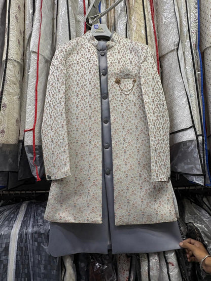 Club AK Men's Premium Ivory & Grey Designer Indo Western Suit | Wedding & Reception Wear
