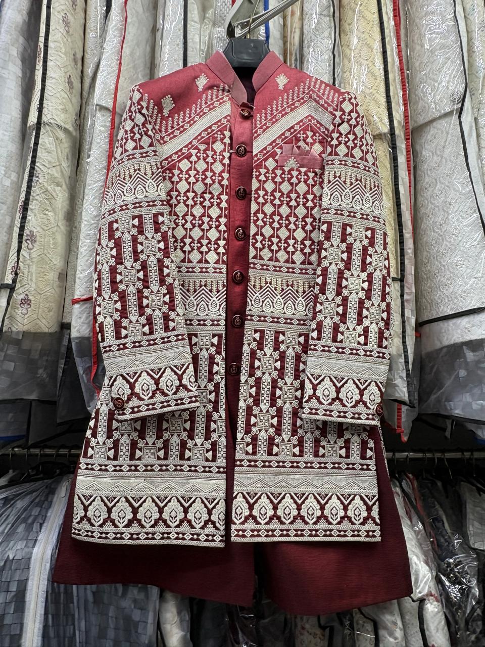 Club AK Men’s Designer Maroon Embroidered Indo Western Suit | Wedding & Reception Wear