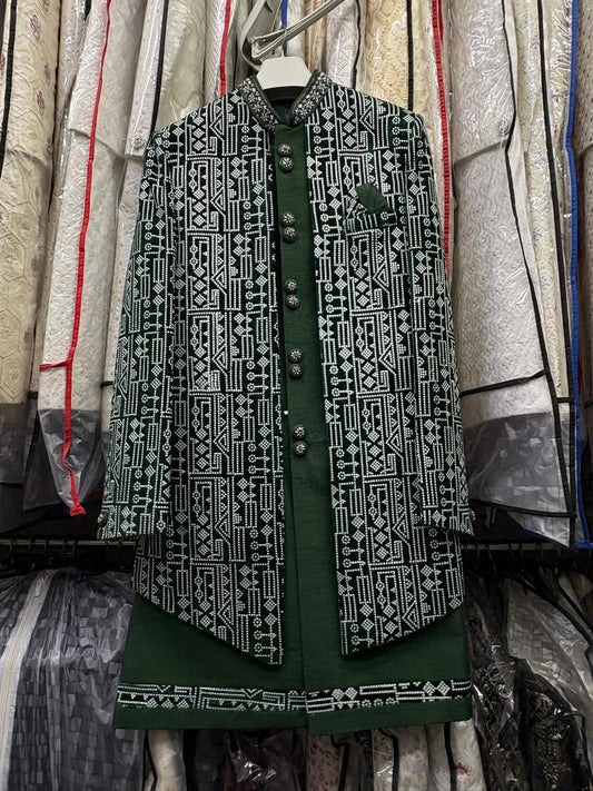 Club AK Men's Green Designer Embroidered Indo Western Suit | Wedding & Festive Wear