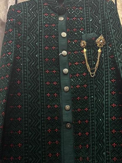 Club AK Men's Dark Green Embroidered Indo Western Suit | Wedding & Reception Wear