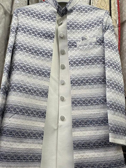 Club AK Men’s Premium White & Blue Printed Indo Western Suit | Wedding & Festive Wear