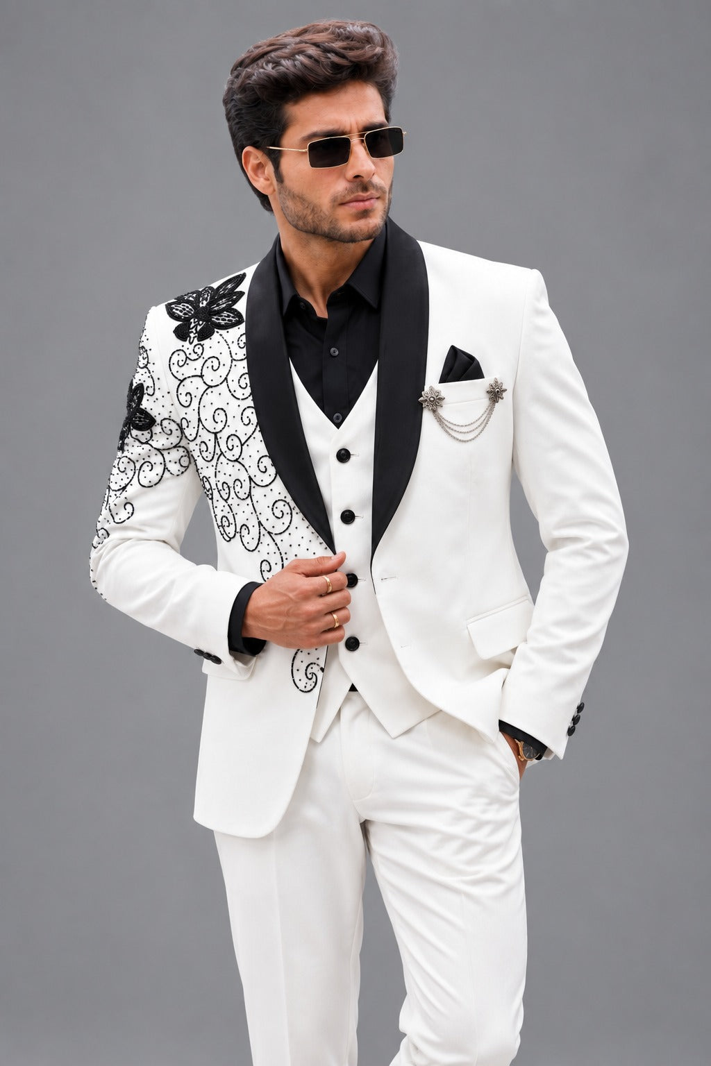 CLUBAK Men’s Designer Tuxedo Suit | Embroidered Party Wear and Tree piece suit