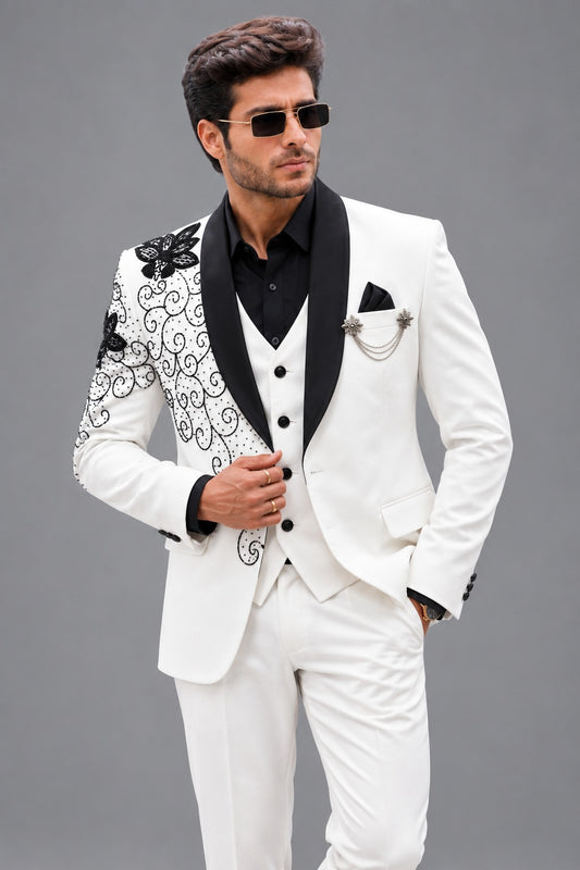 CLUBAK Men’s Designer Tuxedo Suit | Embroidered Party Wear and Tree piece suit