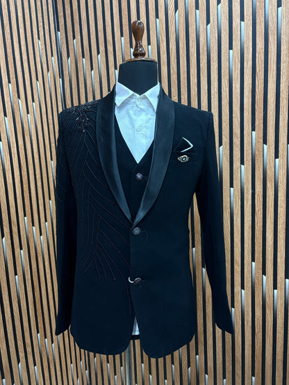 CLUB AK Men’s Designer Tuxedo Suit | Embroidered Party Wear and Black Three piece suit