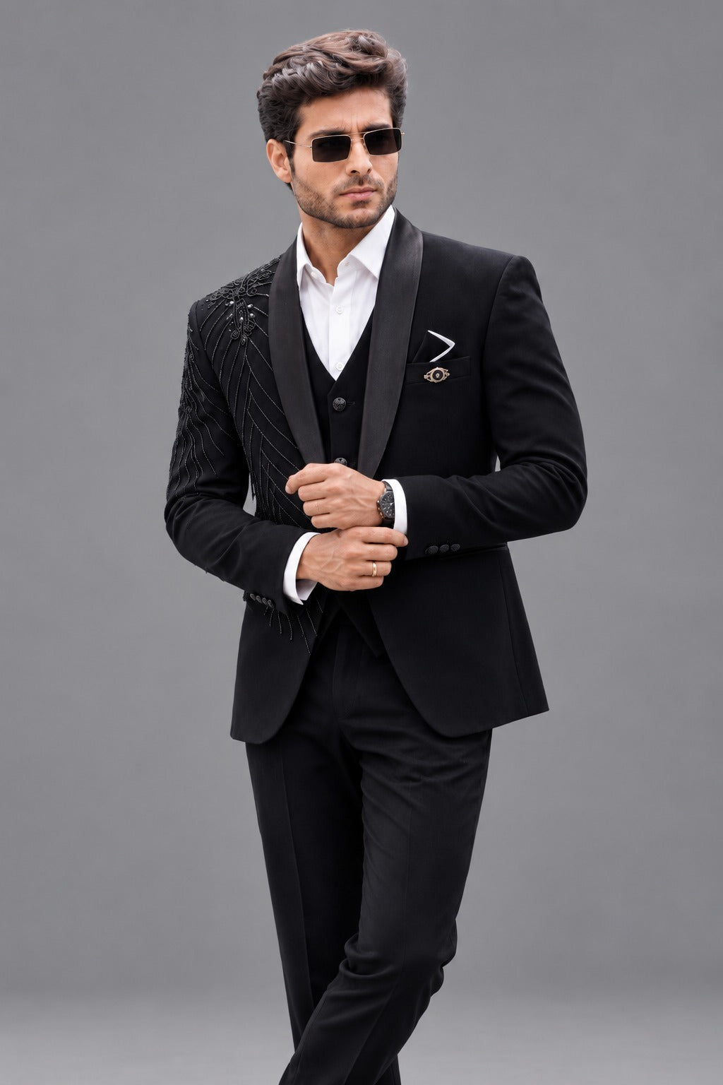 CLUB AK Men’s Designer Tuxedo Suit | Embroidered Party Wear and Black Three piece suit