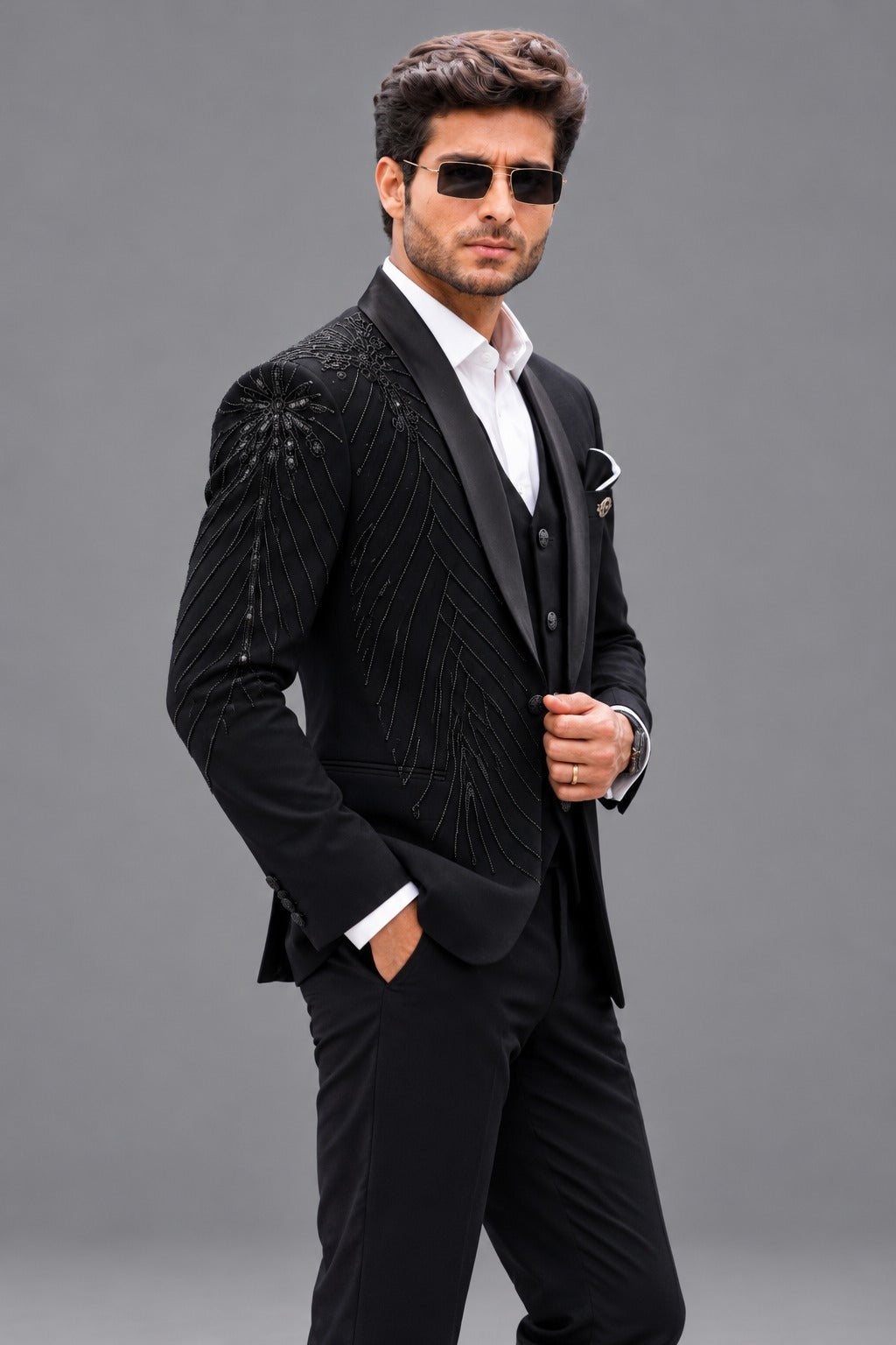 CLUB AK Men’s Designer Tuxedo Suit | Embroidered Party Wear and Black Three piece suit