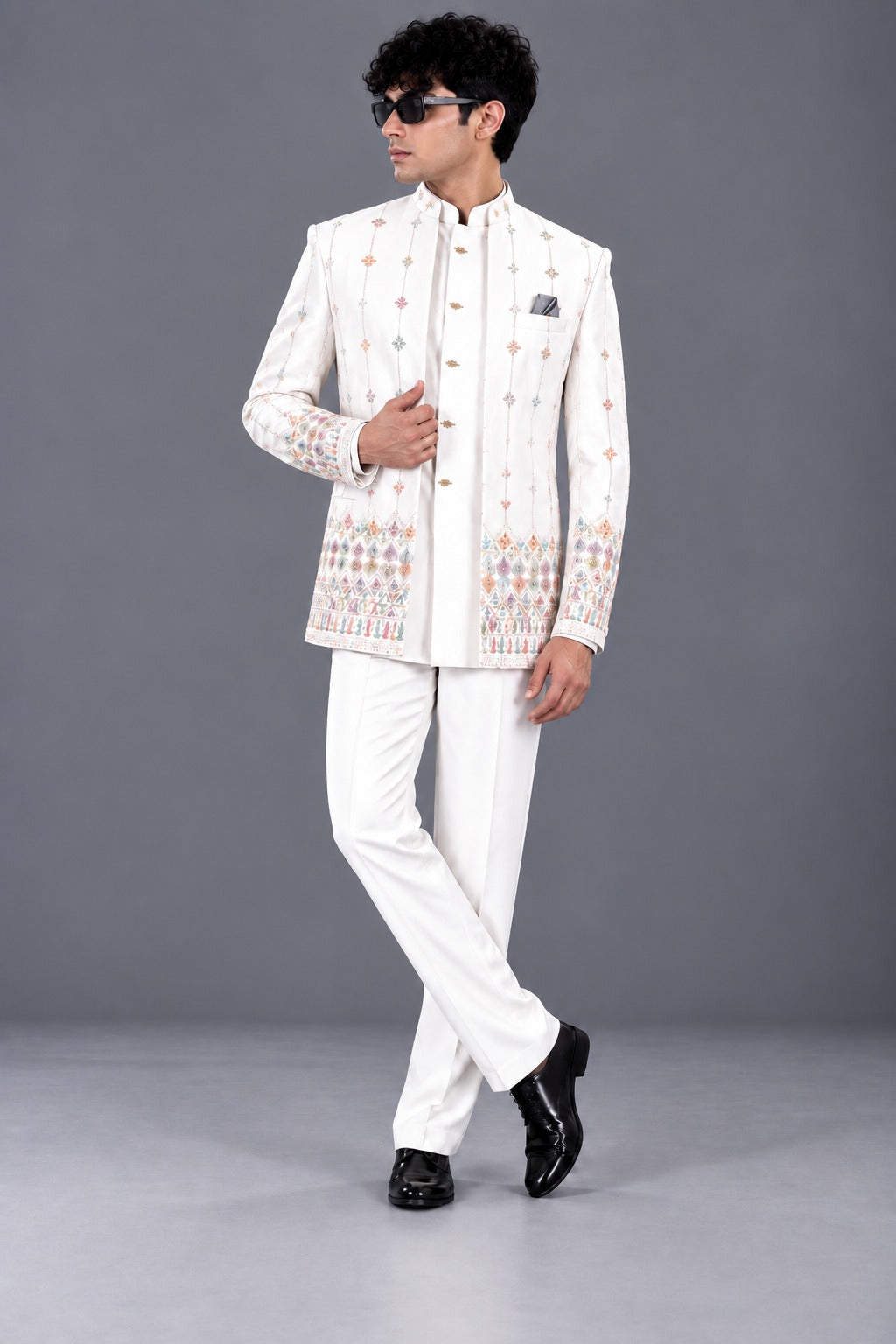 CLUB AK Men’s Premium Embroidered Indo Western Suit with Designer Border Detailing & Matching Trousers