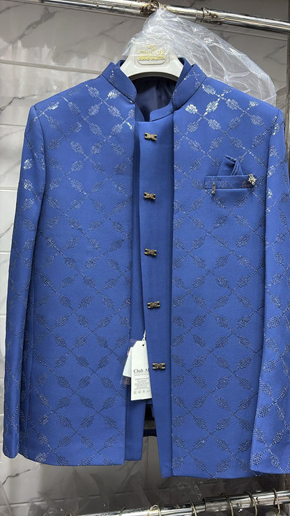 Men's blue velvet Jodhpuri shrug suit