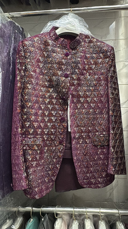 Men's Jodhpuri Maroon Velvet  Suit With Pant