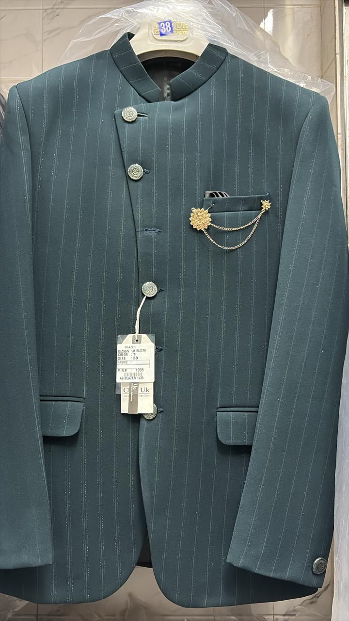 Azurion-Ninja Green Striped Wool Rich Cross Placket Bandhgala Slight Stretch Suit