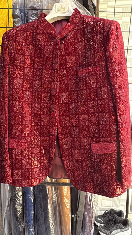 Men's Jodhpuri Velvet  Red Suit With Pant