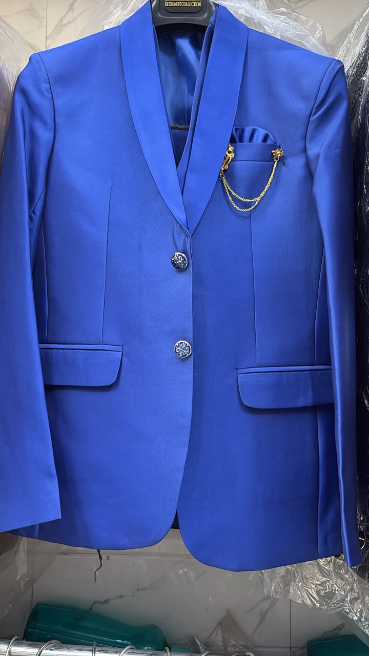 Men's Royal Blue Satin Finish 3 Piece Suit | Premium Blazer, Waistcoat & Trouser Set for Wedding, Reception & Party Wear