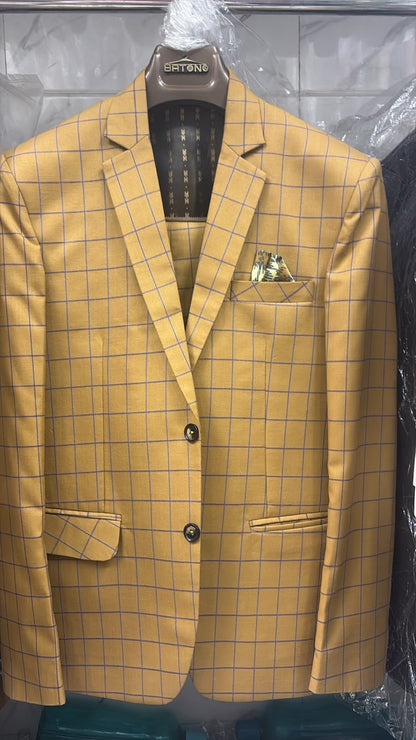 Mustard Gold Checkered 3 Piece Suit for Men