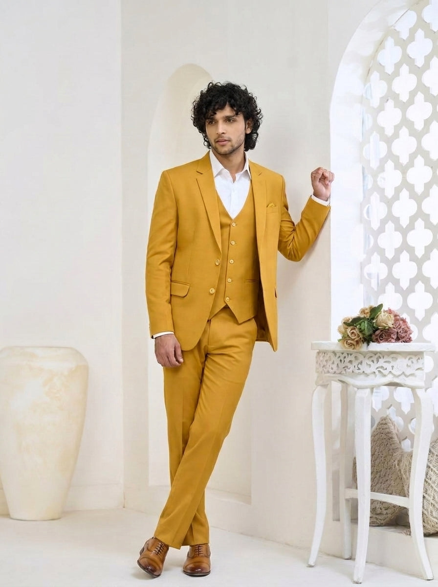 Club AK Men's Mustard Gold Tailored Three-Piece Suit with Premium Blazer, Waistcoat & Trousers