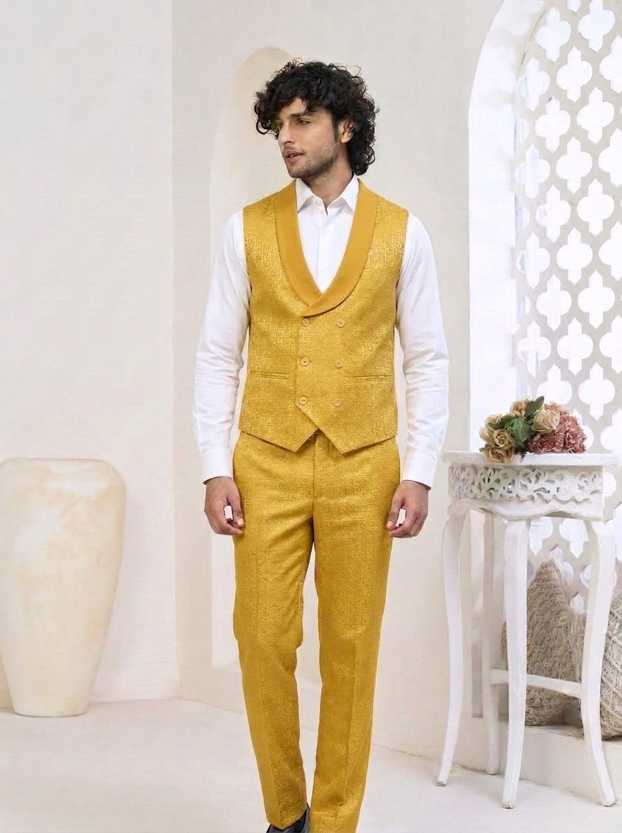 Club AK Men's Mustard Gold Tailored Three-Piece Suit with Premium Blazer, Waistcoat & Trousers