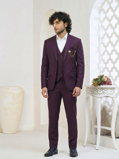Club AK Men's Wine Burgundy Premium Three-Piece Suit with Tailored Blazer, Waistcoat & Trousers