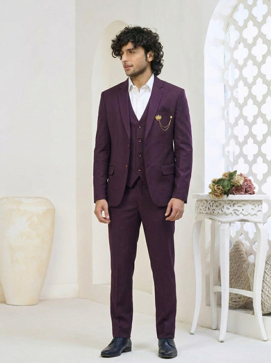 Club AK Men's Wine Burgundy Premium Three-Piece Suit
