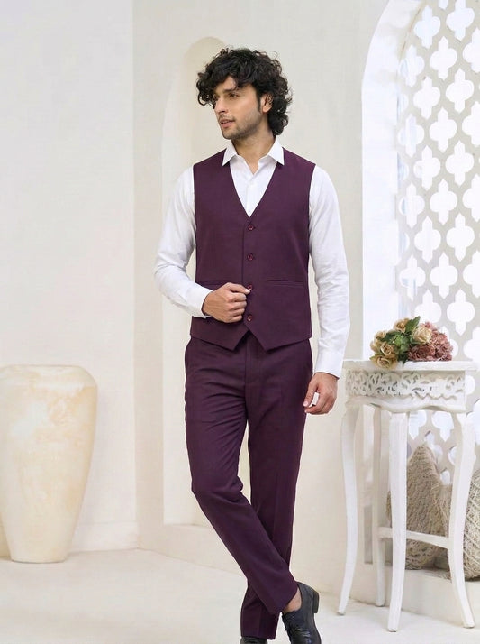 Club AK Men's Wine Burgundy Premium Three-Piece Suit