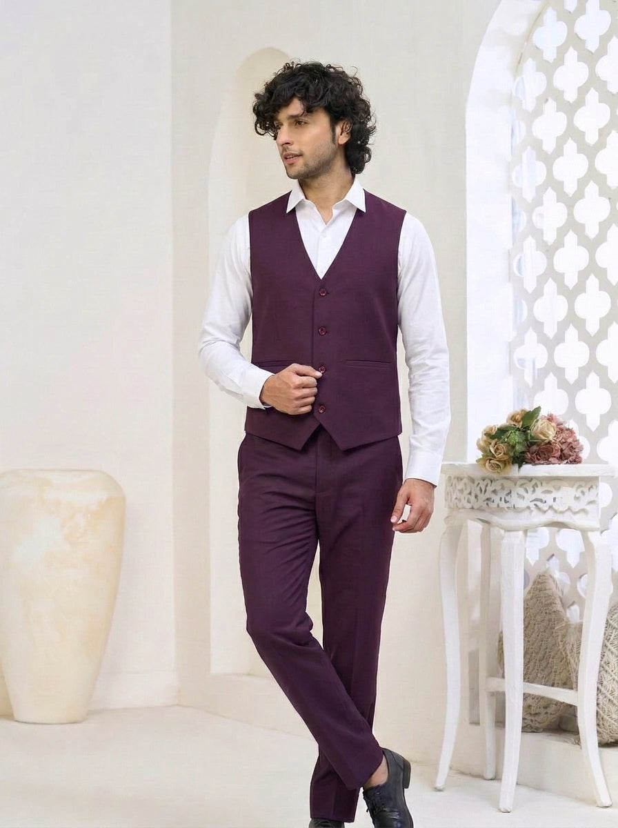 Club AK Men's Wine Burgundy Premium Three-Piece Suit with Tailored Blazer, Waistcoat & Trousers