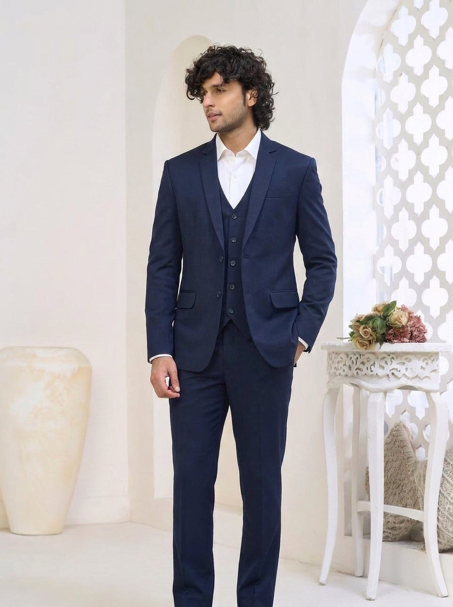 Club AK Men's Midnight Navy Classic Three-Piece Suit with Tailored Blazer, Waistcoat & Trousers